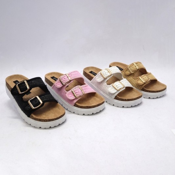 Boho White Raffia Double Buckle Strap Platform Sandals - Picture 5 of 5